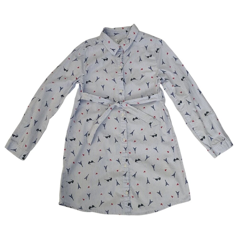 Crown & Ivy Kids White & Light Blue Stripes Long Sleeve Shirt Dress Girls Size 8 - Picture 2 of 9